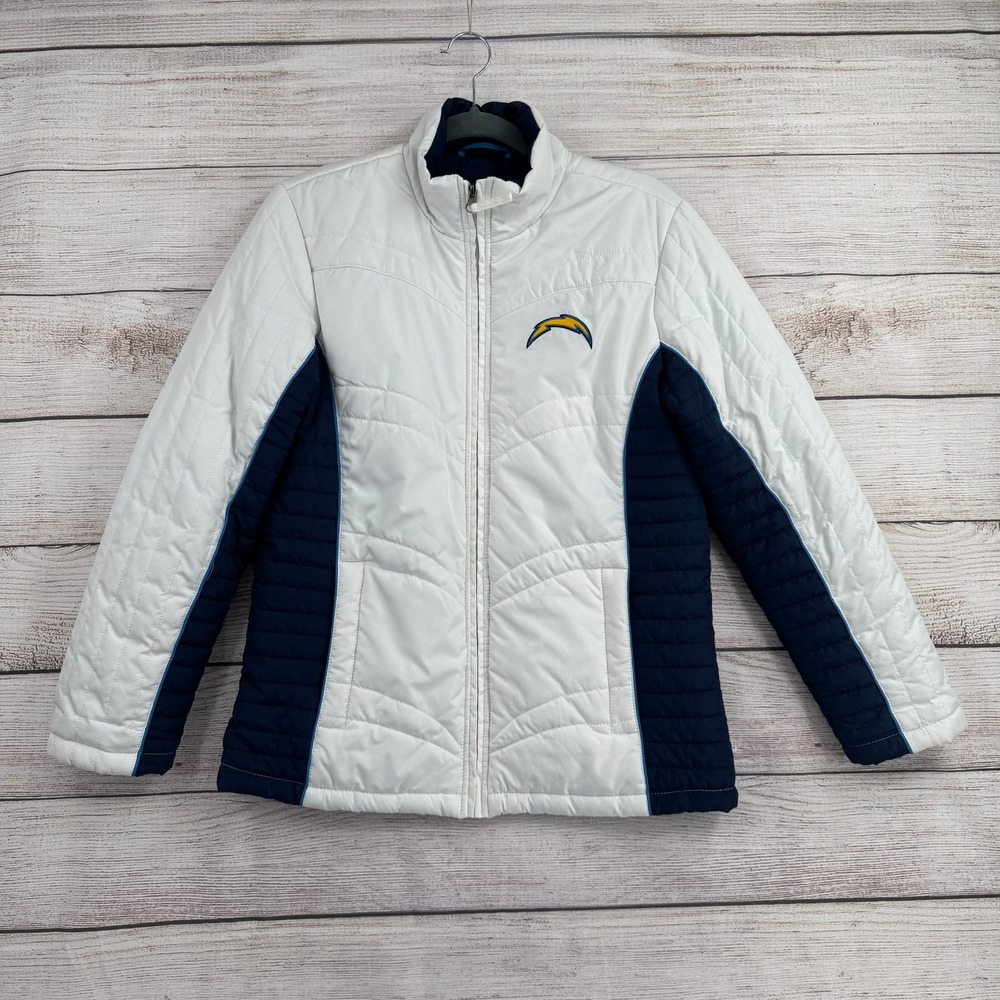 NFL Team Apparel Chargers Jacket Women M White Navy Blue Quilted Full Zip Puffer